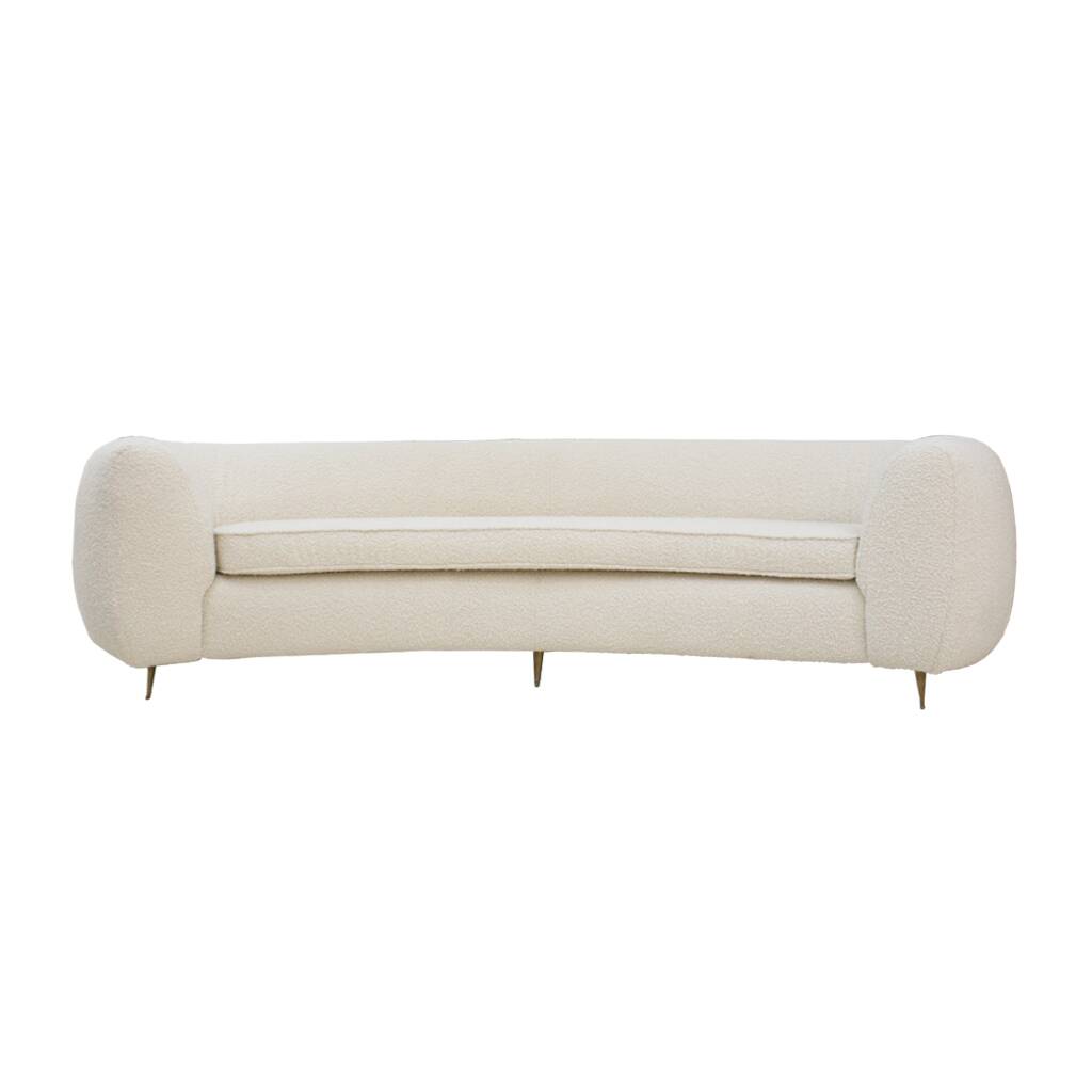 Curved Four-Seat Italian Sofa in White Bouclé Wool, Brass Legs