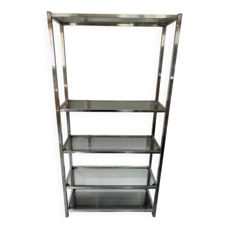 Modular wall display shelf in glass and chrome, vintage 1970s.