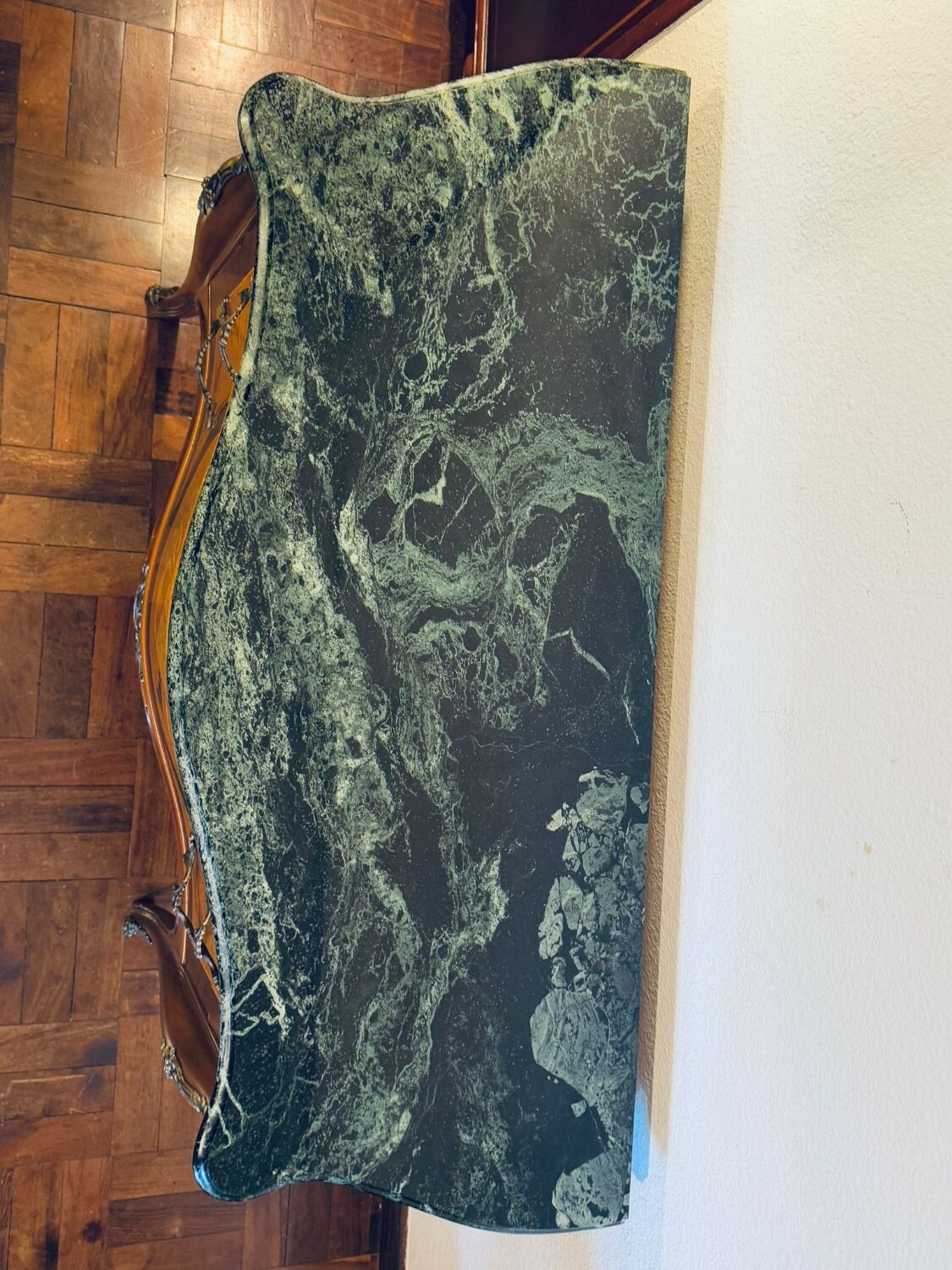 Exquisite Louis XV Style Bombé Commode with Musical Marquetry & Marble