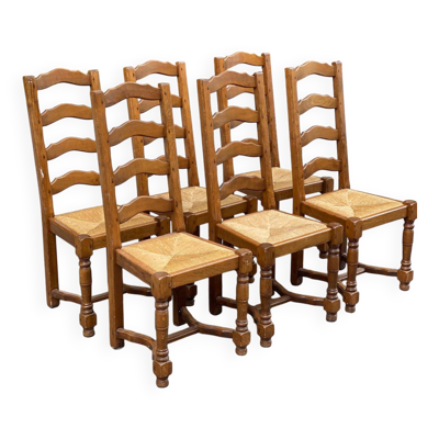 6 chaises bois massif sculpté et paillées dossier haut type ferme