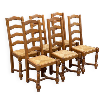 6 solid wood chairs carved and straw-covered with high farmhouse-style backs