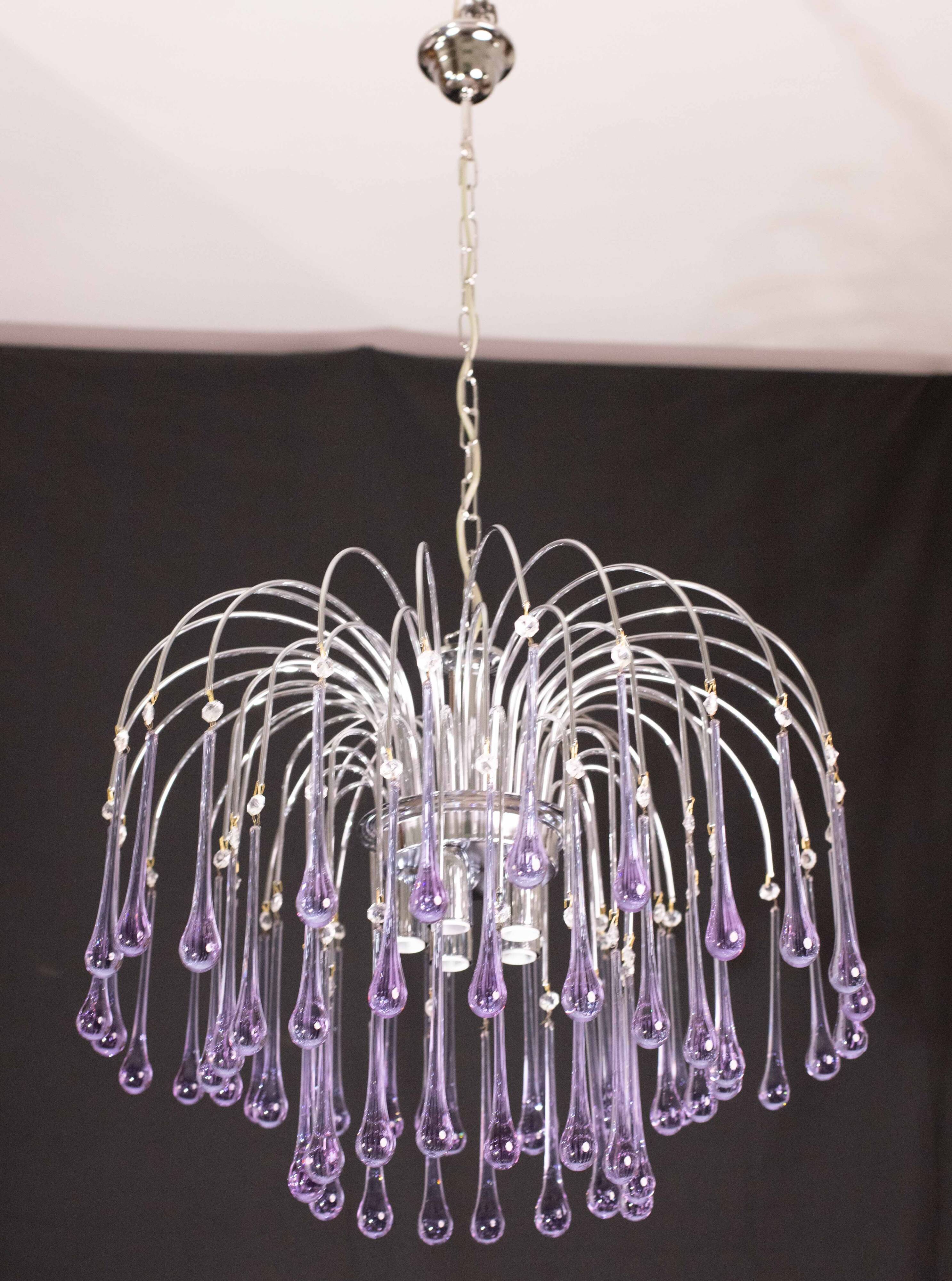 The Purple Crown, LArge Size Murano Chandelier Purple and Crystal Drops, 19
