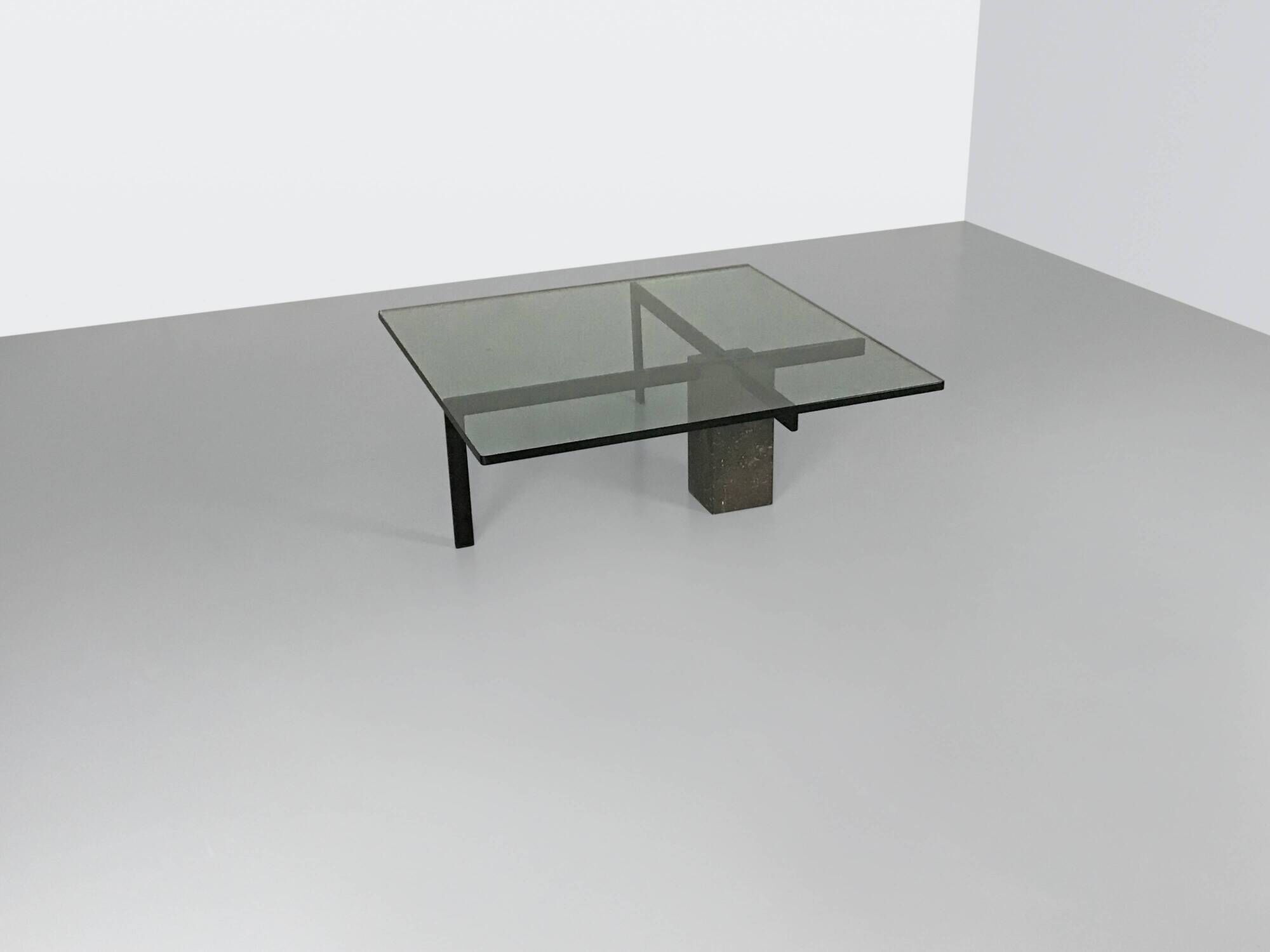 KW-1 glass and travertine coffee table by Hank Kwint for Metaform 1980s