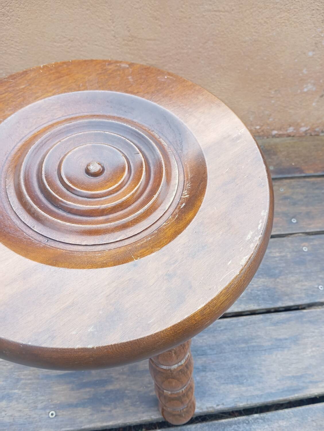 Brutalist tripod wooden stool in Charles Duduyt style.50/60