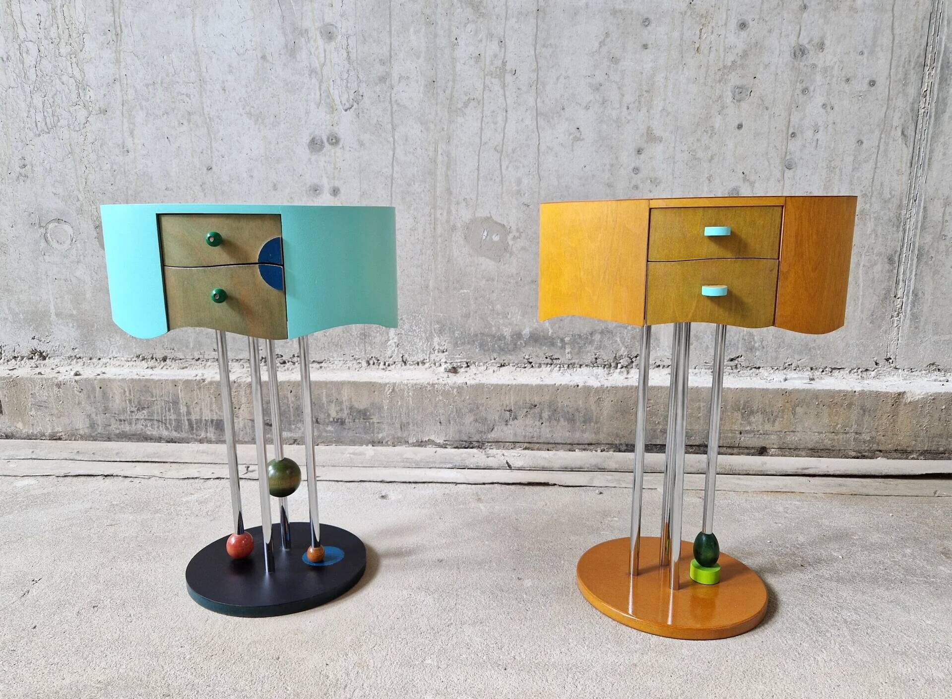 Pair of postmodern Memphis Milano style side tables, 1980s