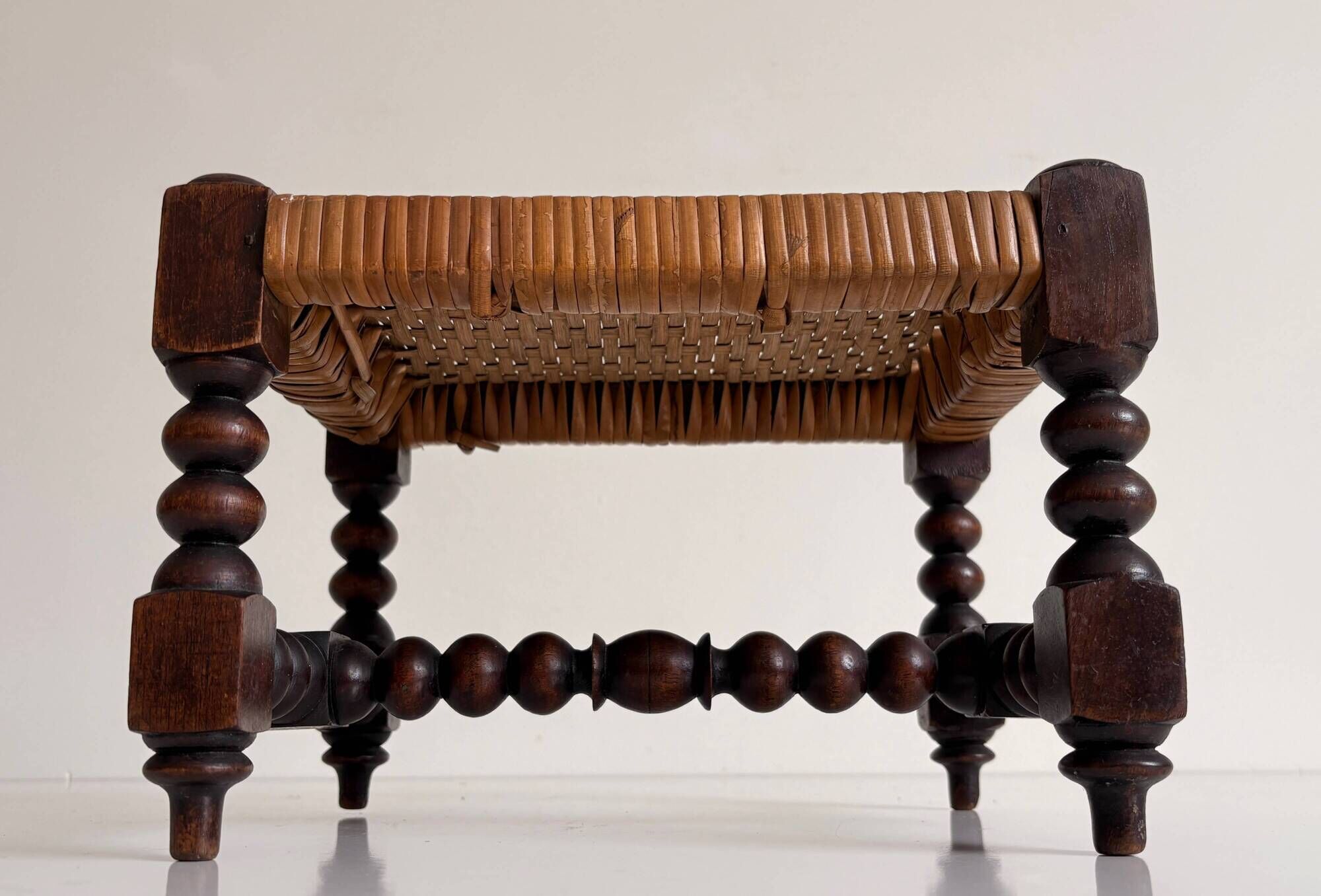 Antique French Turned Wood and Woven Rattan Footstool/ Sidetable