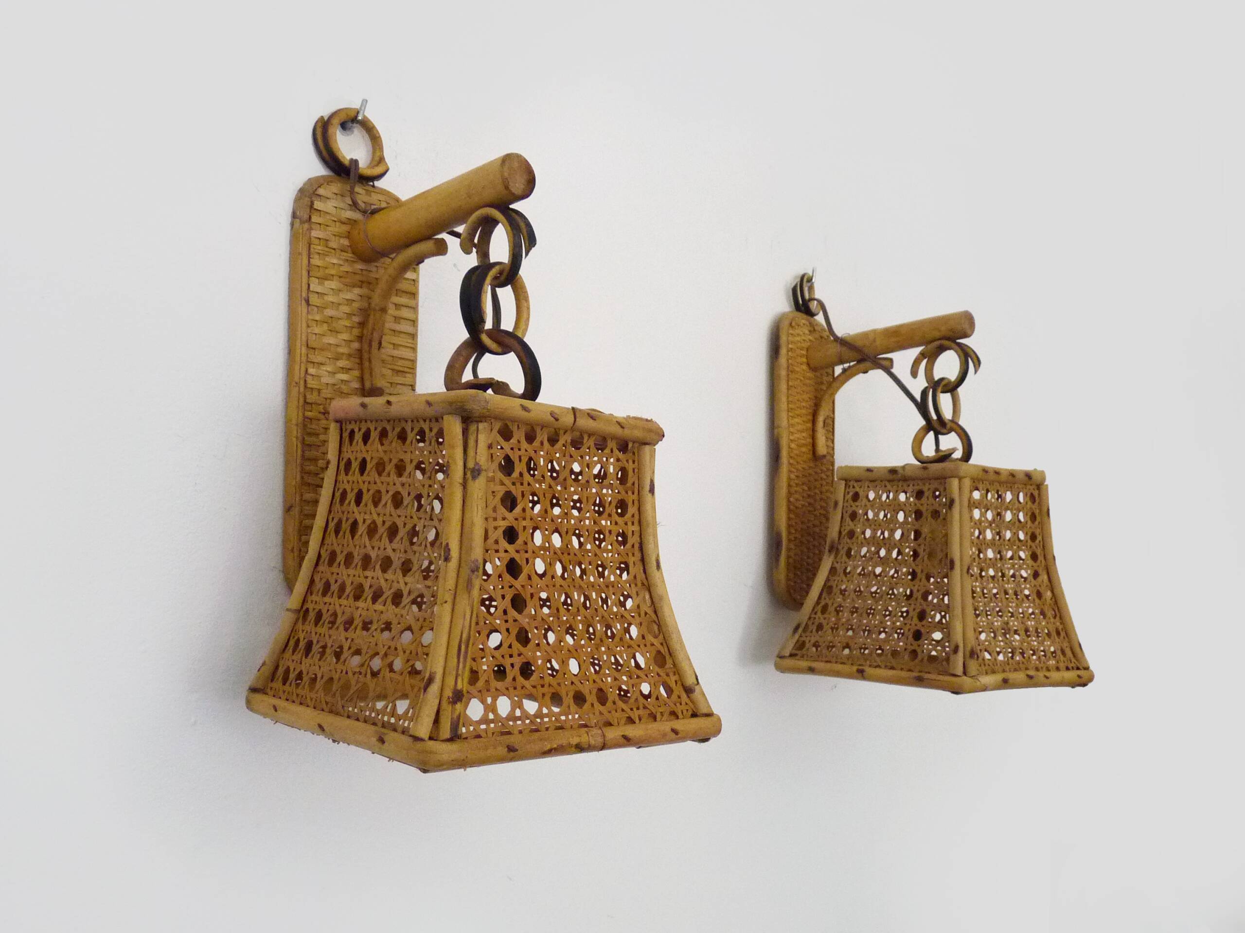 Pair of rattan and cane lantern wall lights. 1950s-1960s