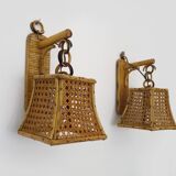 Pair of rattan and cane lantern wall lights. 1950s-1960s