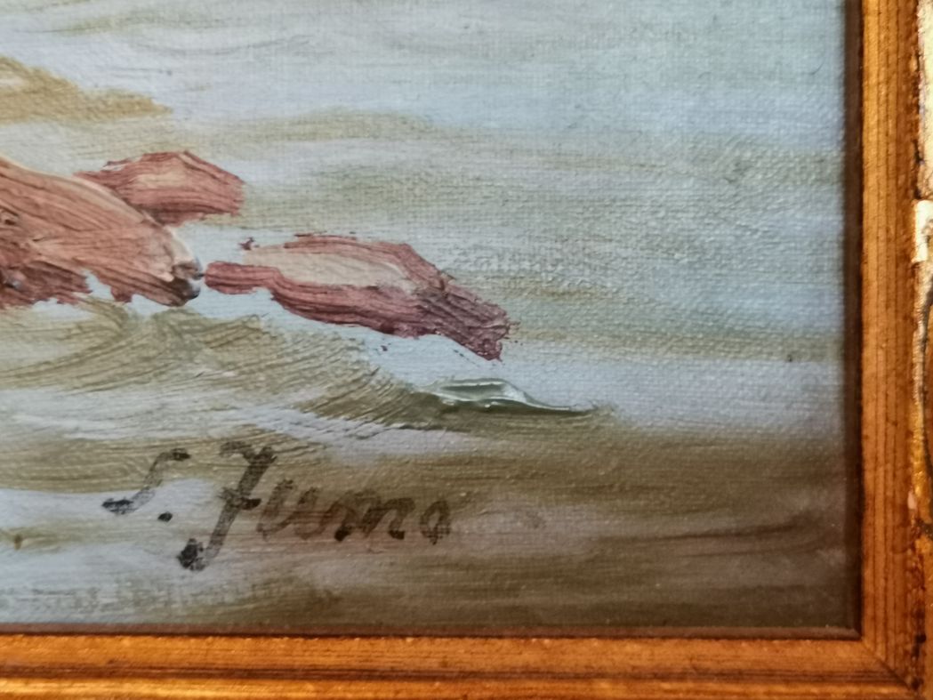 Marine oil painting of sailboats in a jumo bay