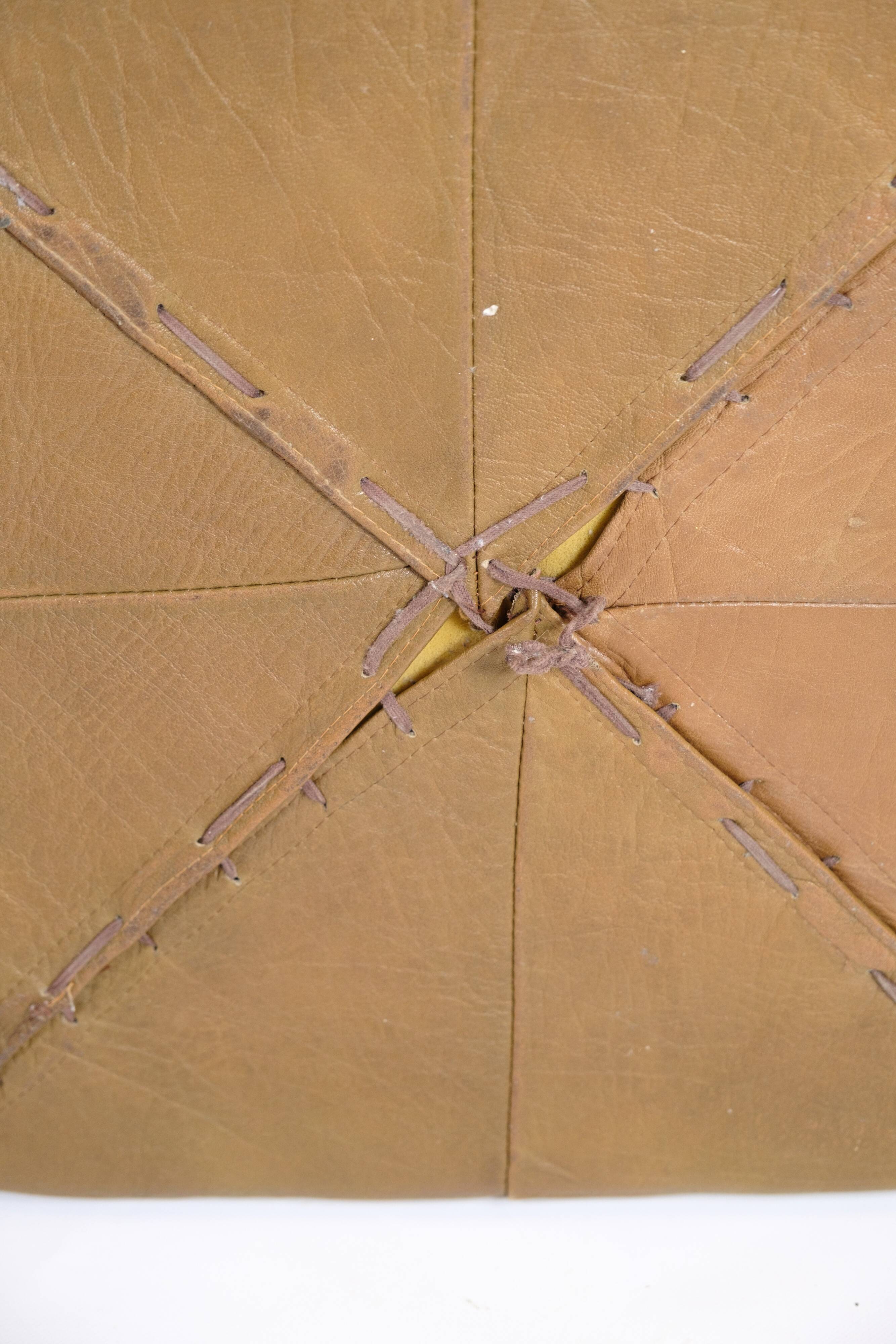 Vintage leather pouf - natural leather - natural patina - hand-sewn - square - 1970s