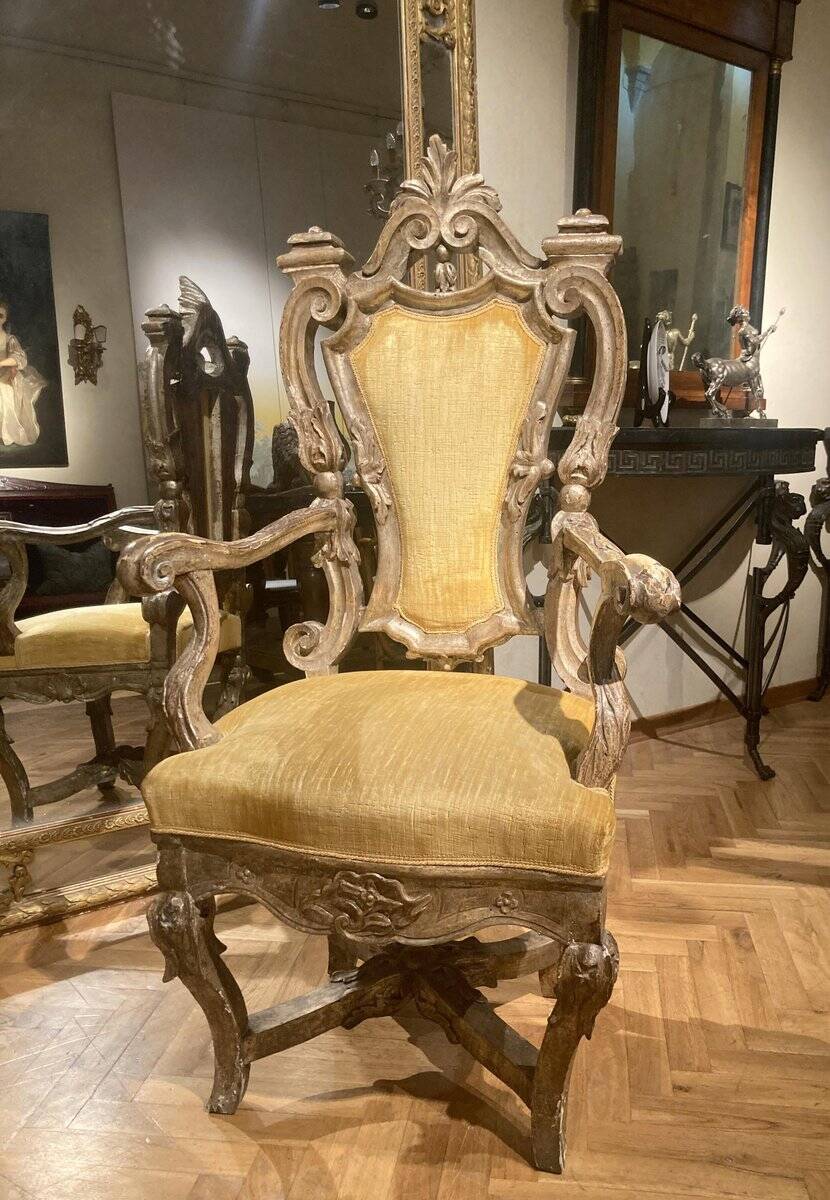 Italian Rococo Silver Mecca Giltwood Throne Armchair, Rome, 18th Century