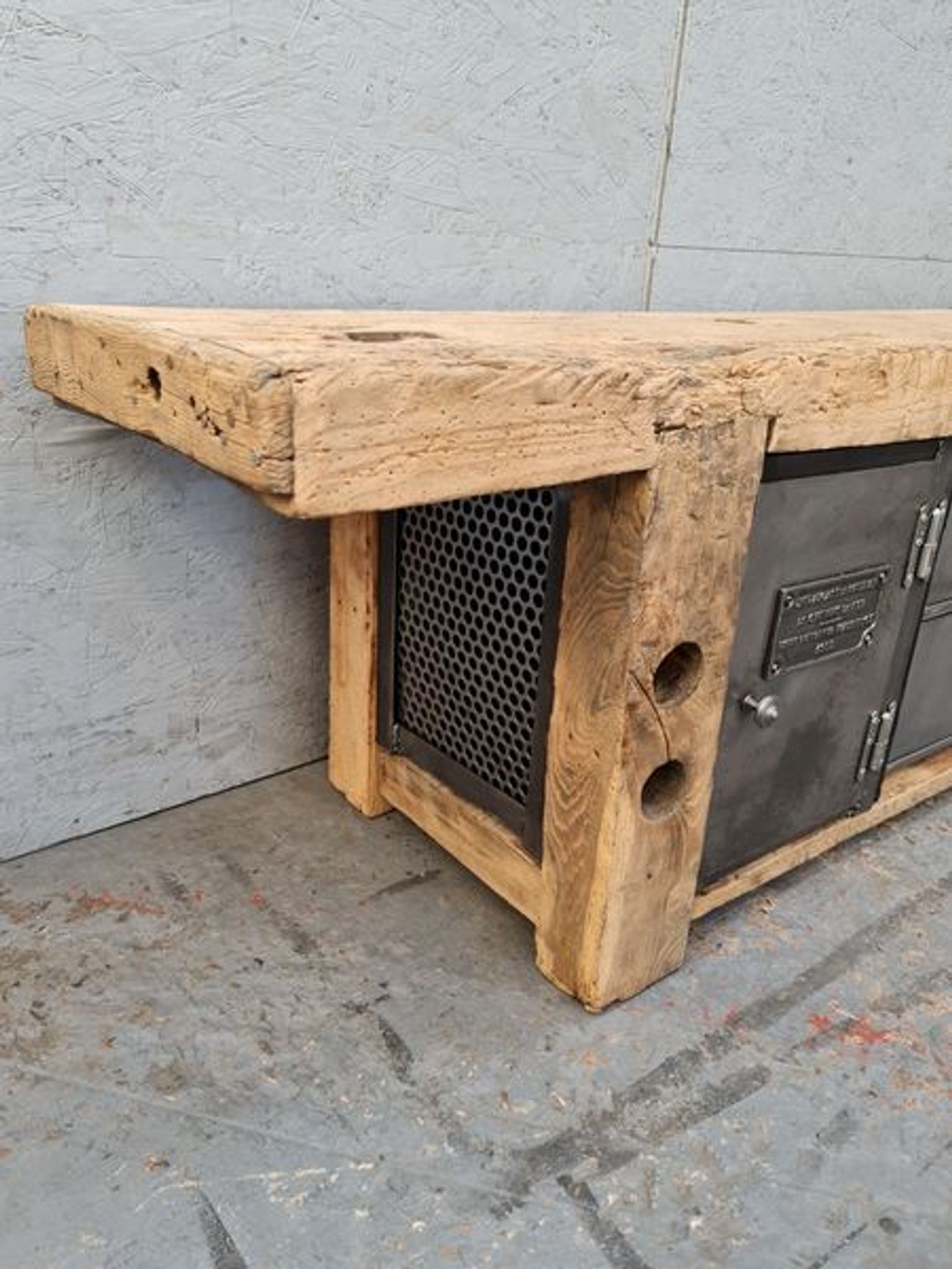 Old established furniture low industrial TV vintage oak and metal