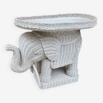 Table basse elephant en rotin blanc
