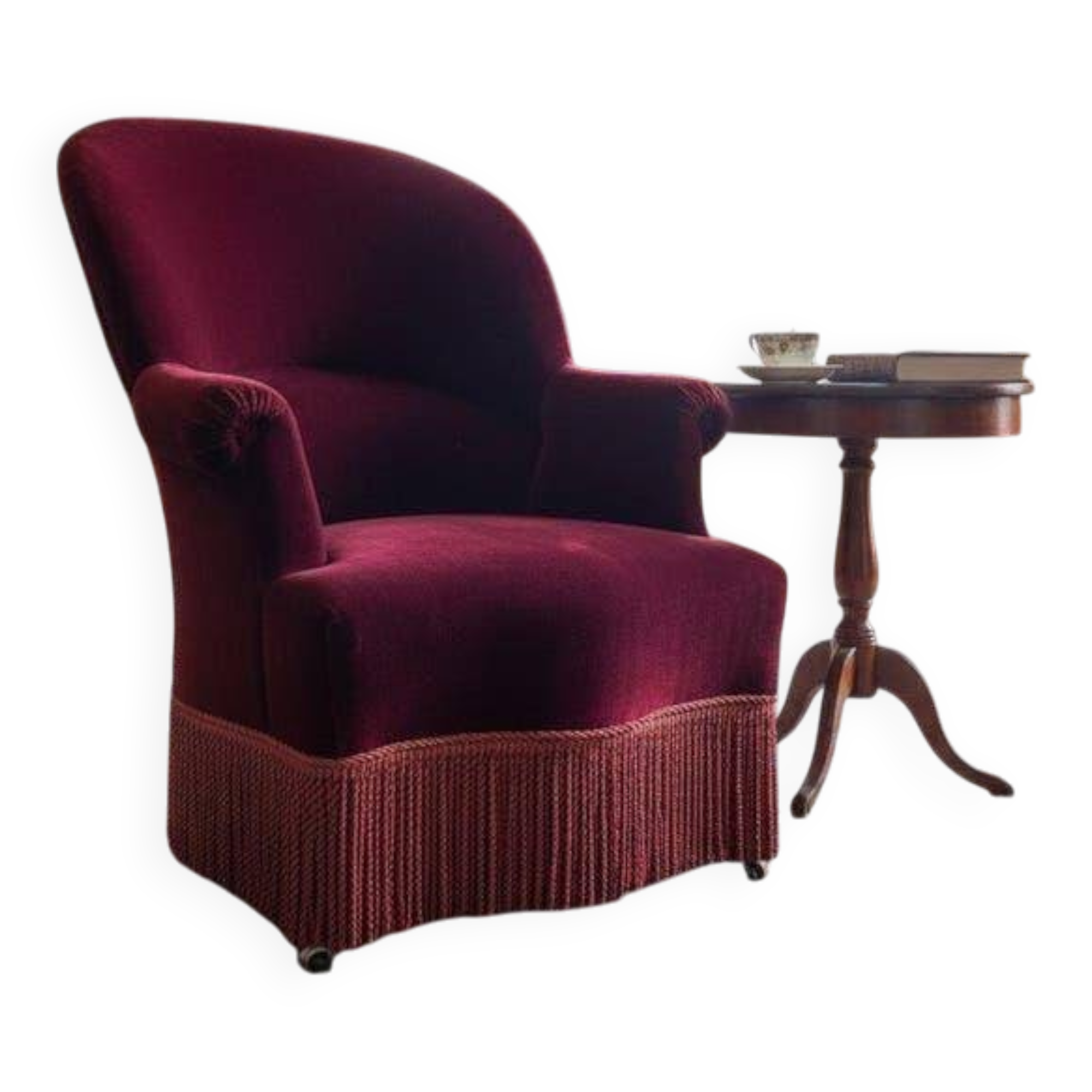 Vintage burgundy fringed armchair/chair