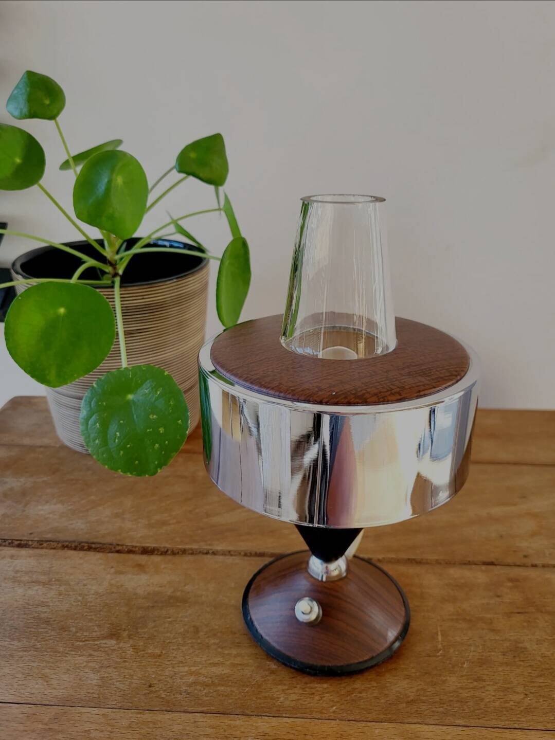 Wooden table lamp with chrome finish, 1950s