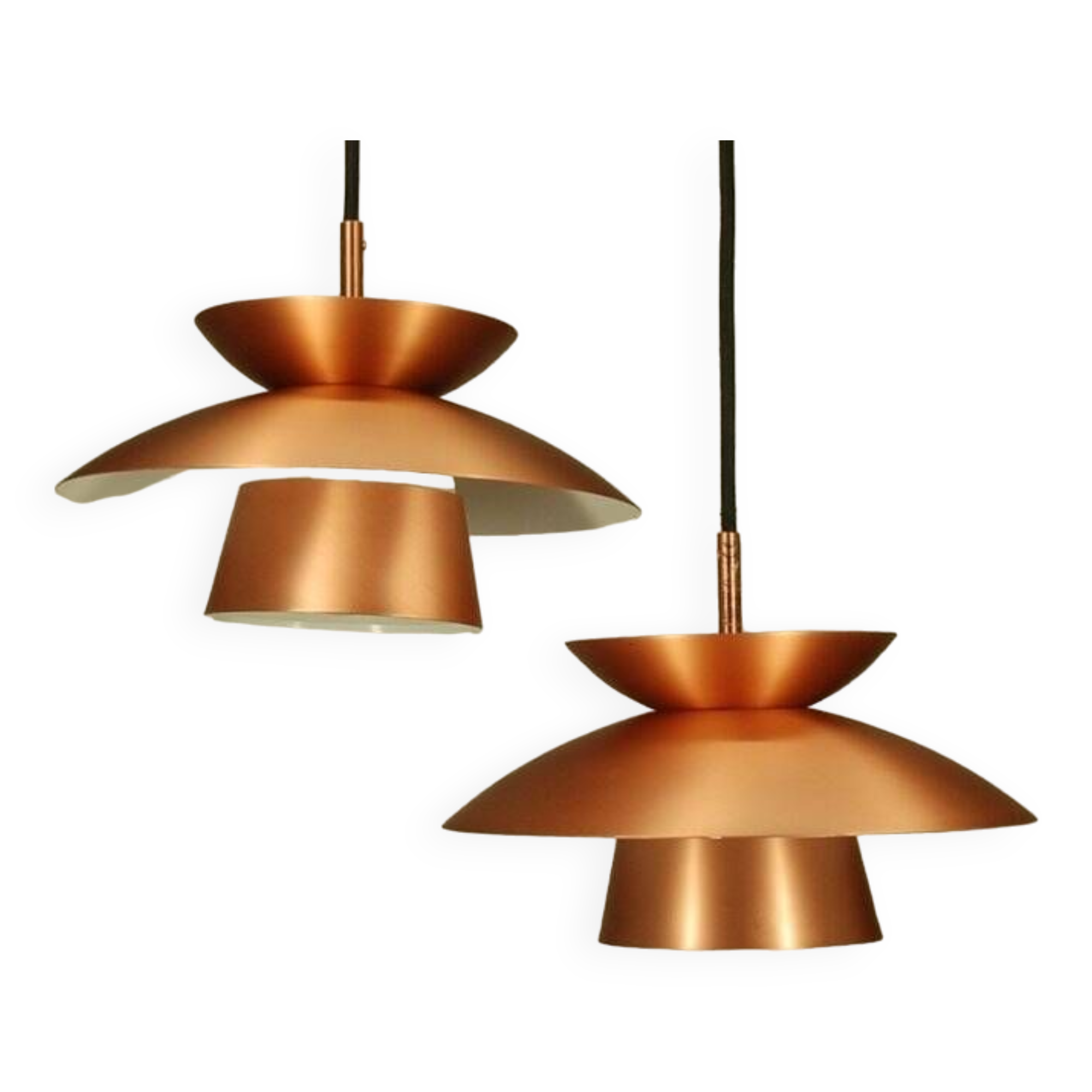 2 Danish pendant lights in copper and glass