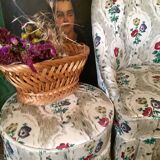 Toad in cloth armchair and its Ottoman