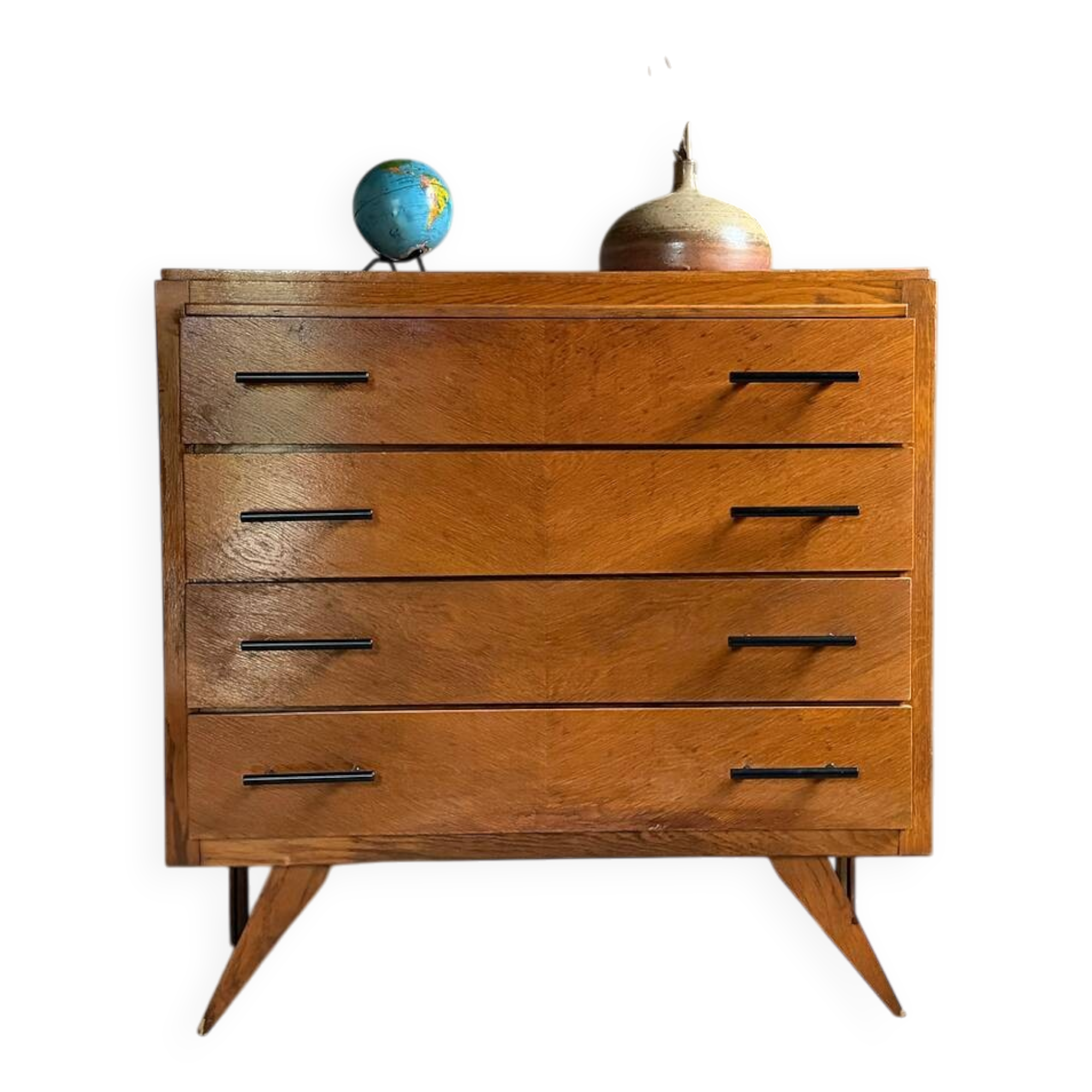 Commode vintage en chêne 4 tiroirs pied compas