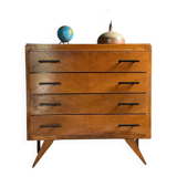 Commode vintage en chêne 4 tiroirs pied compas