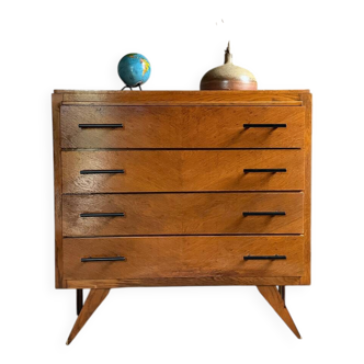 Commode vintage en chêne 4 tiroirs pied compas