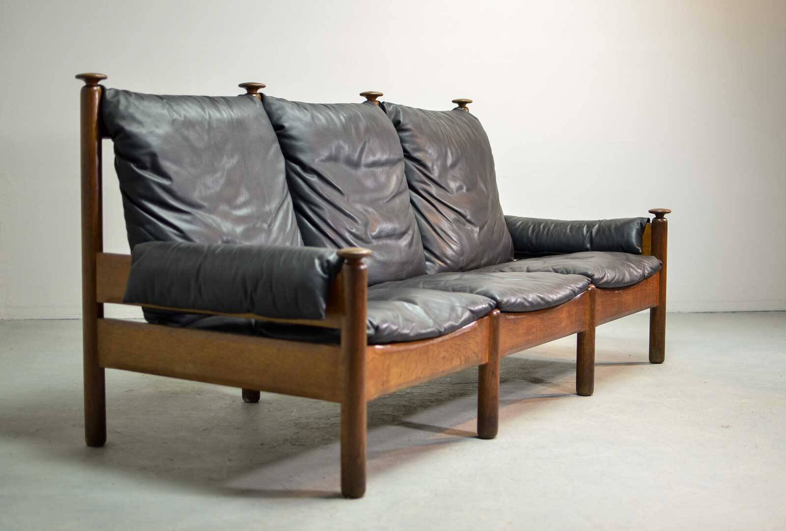 Sturdy Mid-Century Smooth Black Leather Scandinavian 3-Seat Sofa, 1960s