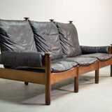 Sturdy Mid-Century Smooth Black Leather Scandinavian 3-Seat Sofa, 1960s