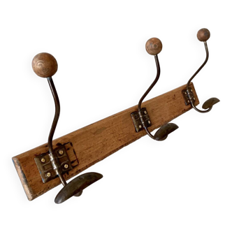Vintage wood and metal coat hook 3 hooks