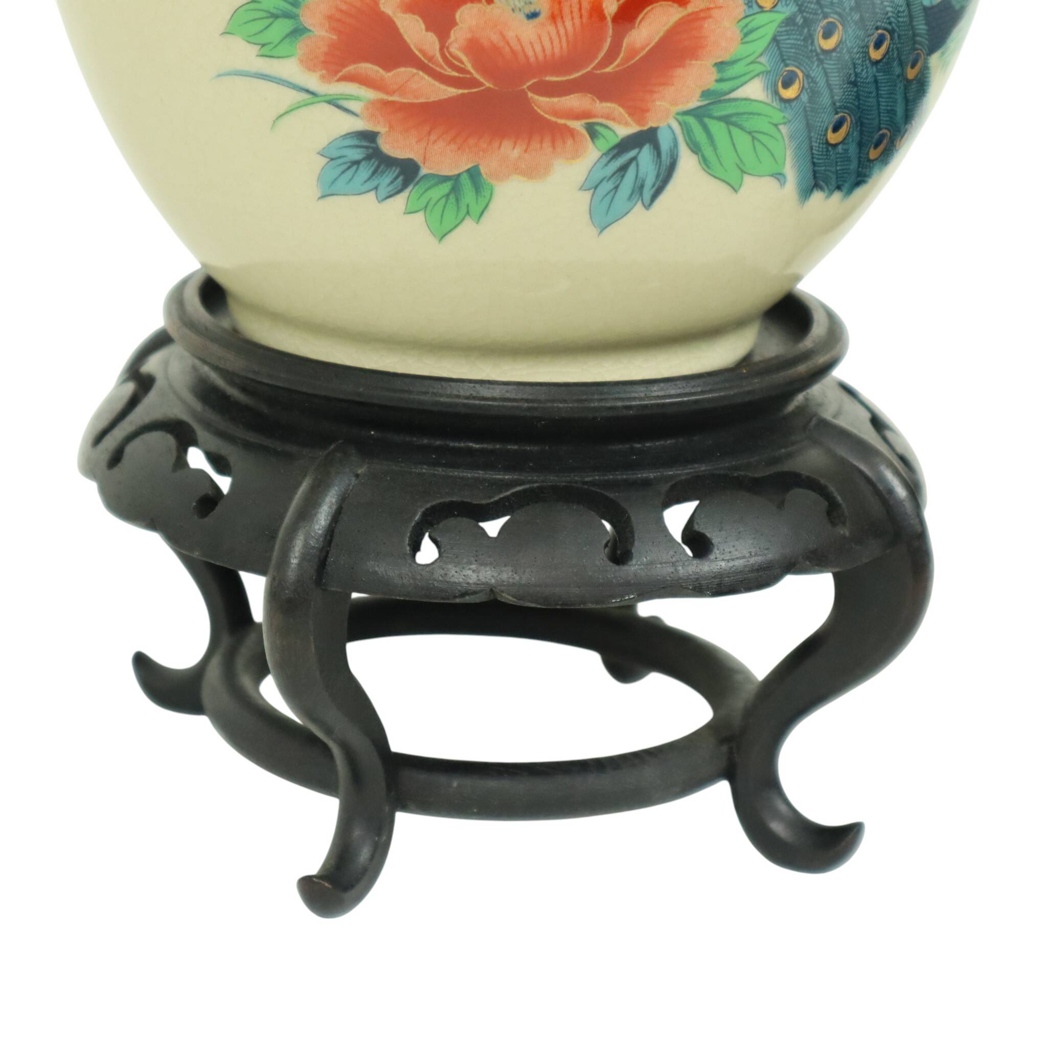 Pair of Japanese Vases Peacocks Flowers Crackle Ceramic 26cm