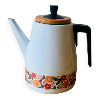 Vintage enameled metal coffee maker - floral decor