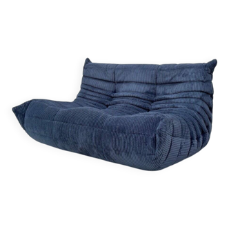 French Togo 2-seater sofa in blue corduroy attributed to Michel Ducaroy for Ligne Roset, 1970s
