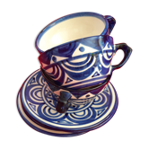 Trio of cups and saucers painted by hand. Blue faience. St John of Brittany.