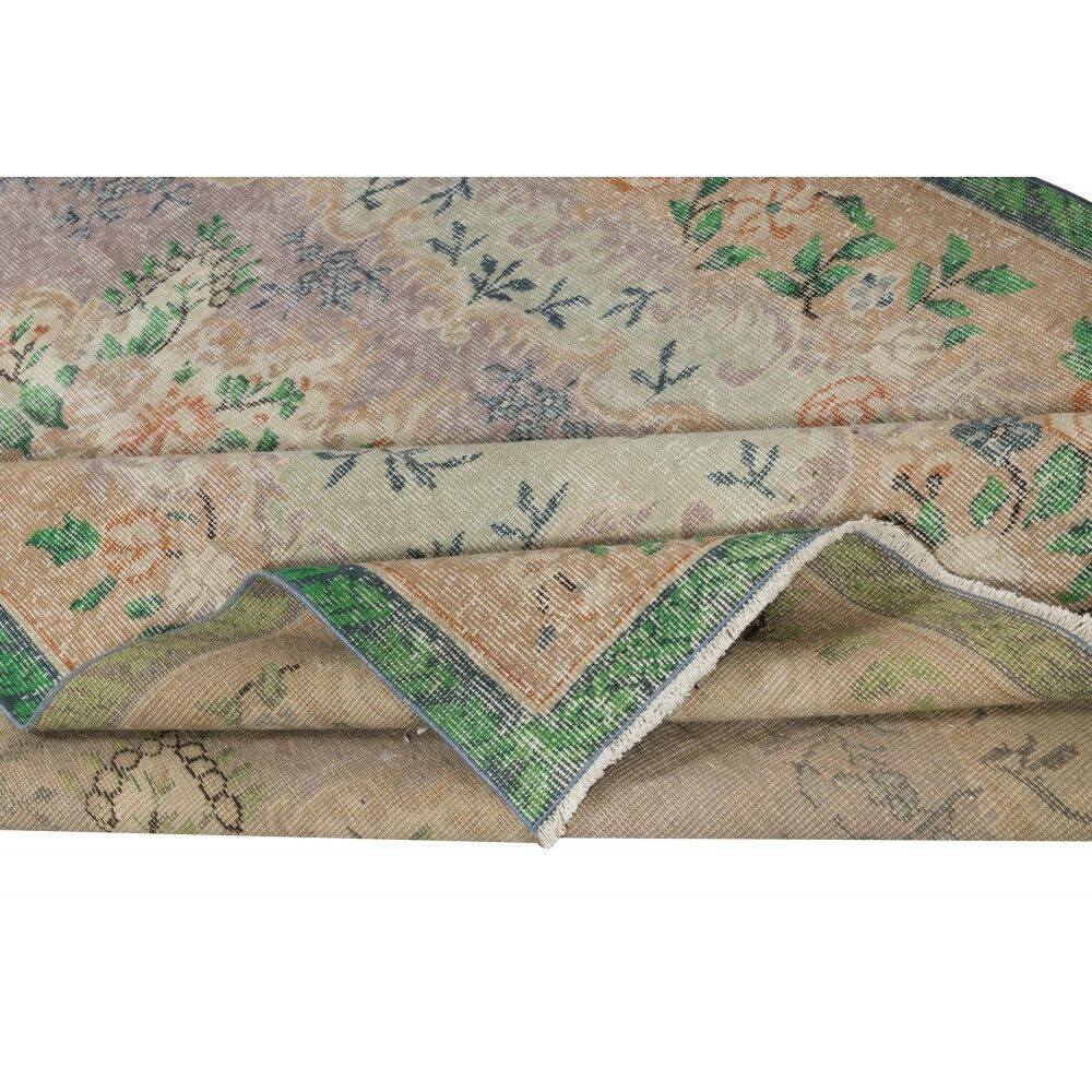 Vintage Turkish Rug in Shades of Green. Hand knotted Floral Medallion Design Carpet