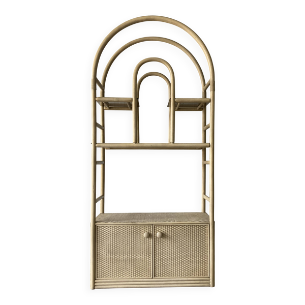 Grande vitrine vintage en bambou et rotin, années 1980
