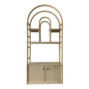 Grande vitrine vintage en bambou et rotin, années 1980
