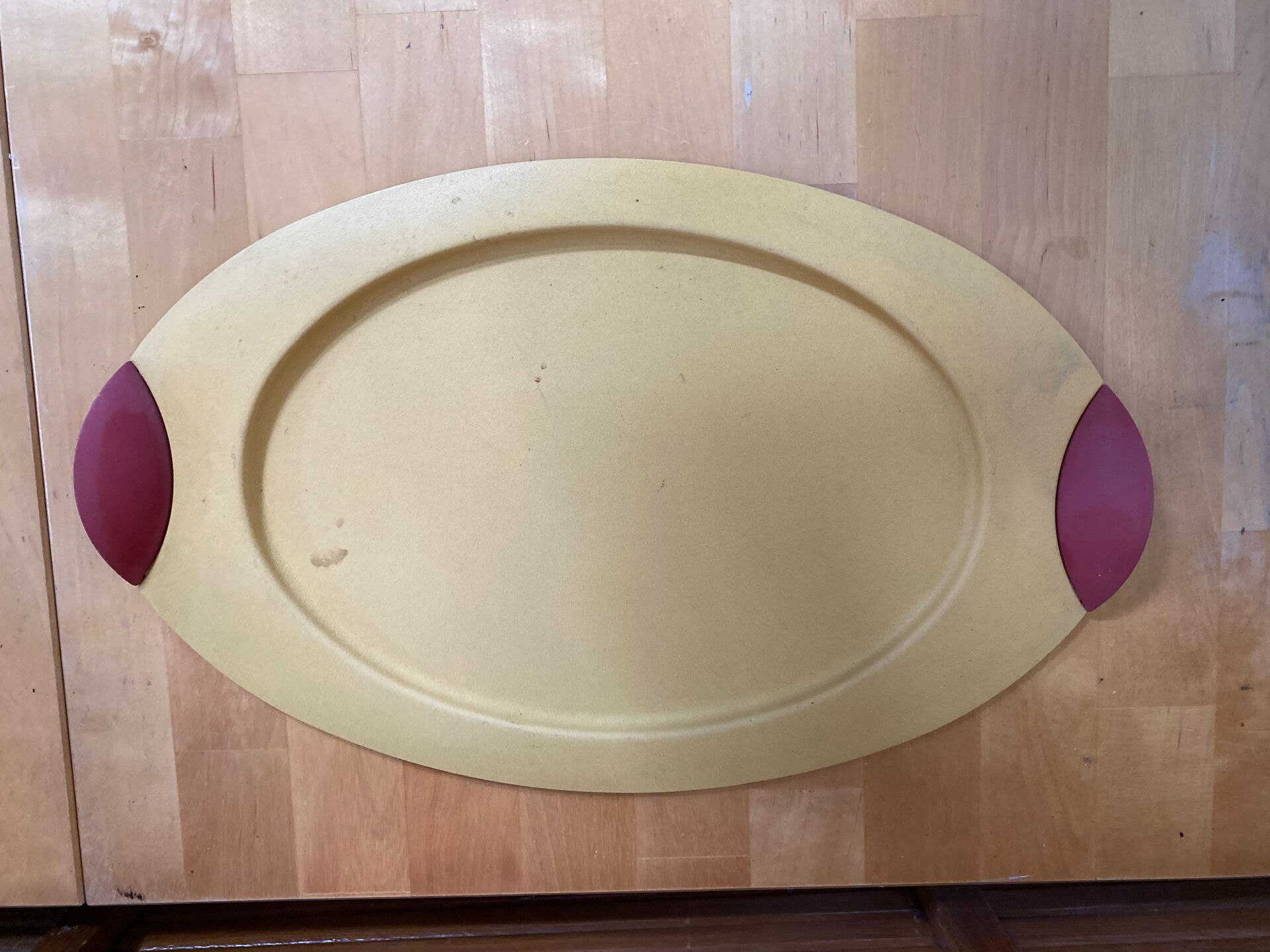 Vintage Yellow Lacquered Metal Tray with Red Plastic Handles