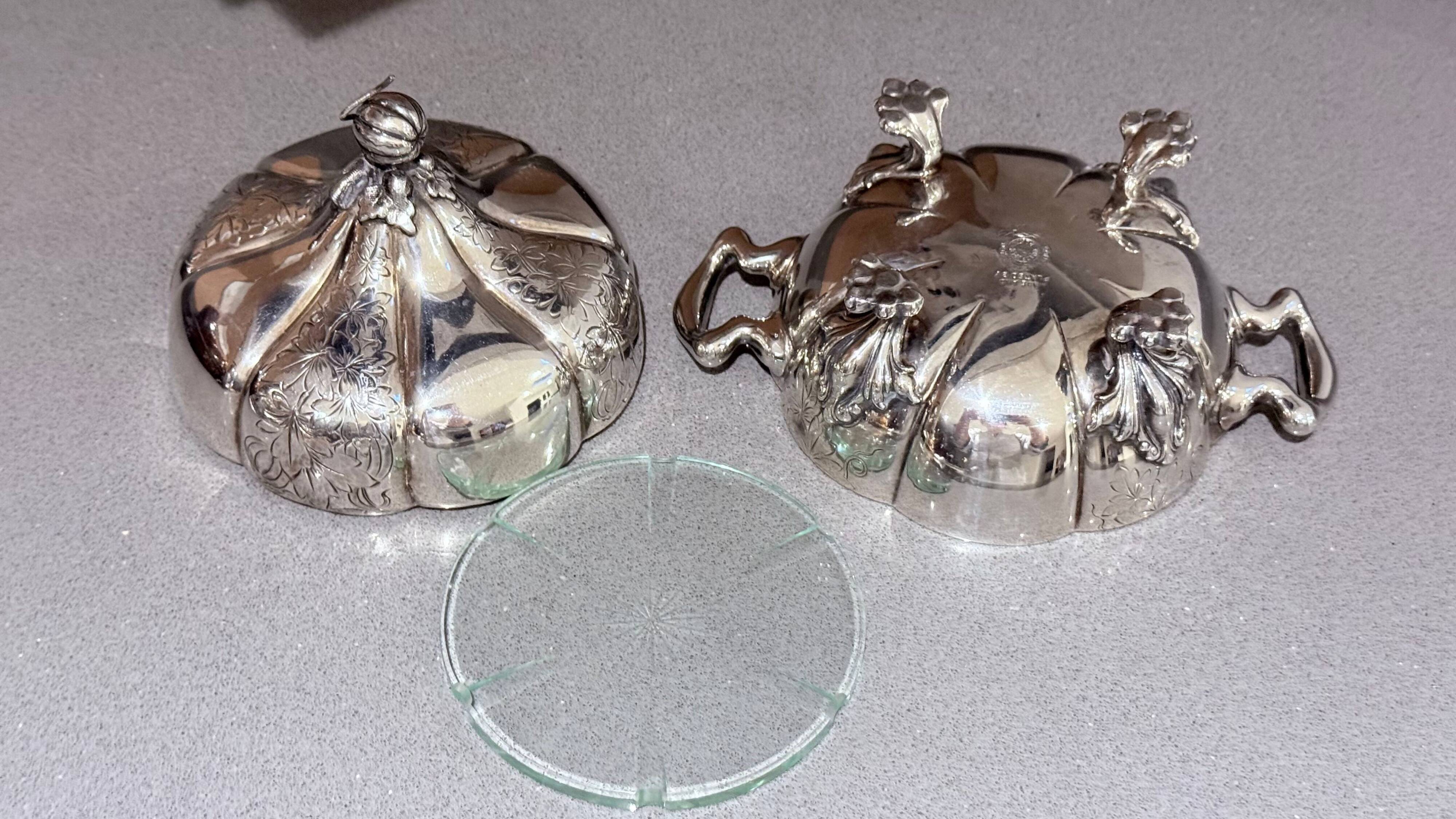 Antique Decorative Caviar Dish Caviar Serving, Silver Quadruple Plate Lid, Spoon