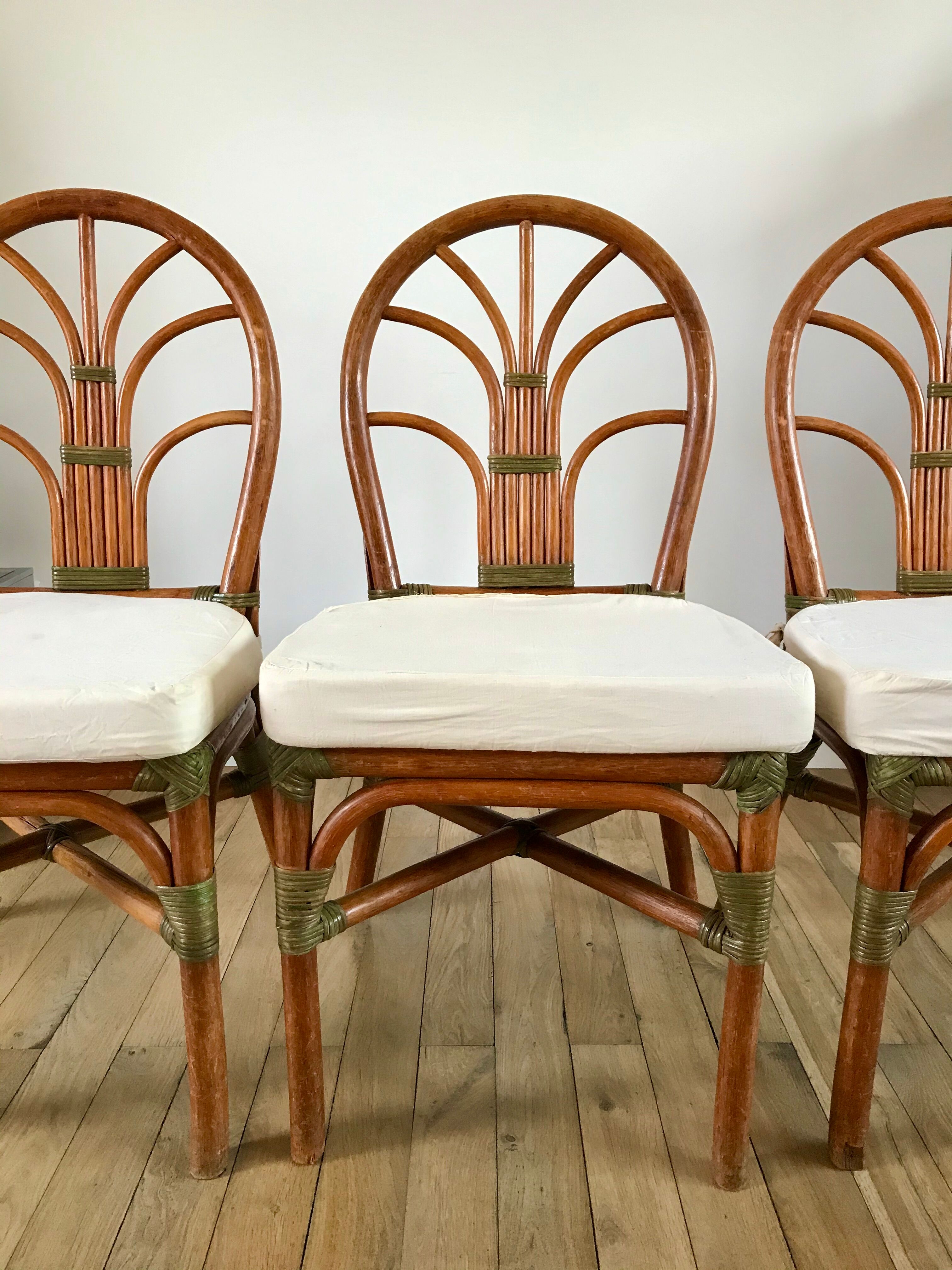 Set of 3 rattan / bamboo chairs with cushions years 1960-1970