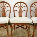Set of 3 rattan / bamboo chairs with cushions years 1960-1970