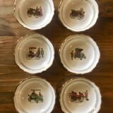 6 petites assiettes creuses en porcelaine blanche motif voitures anciennes