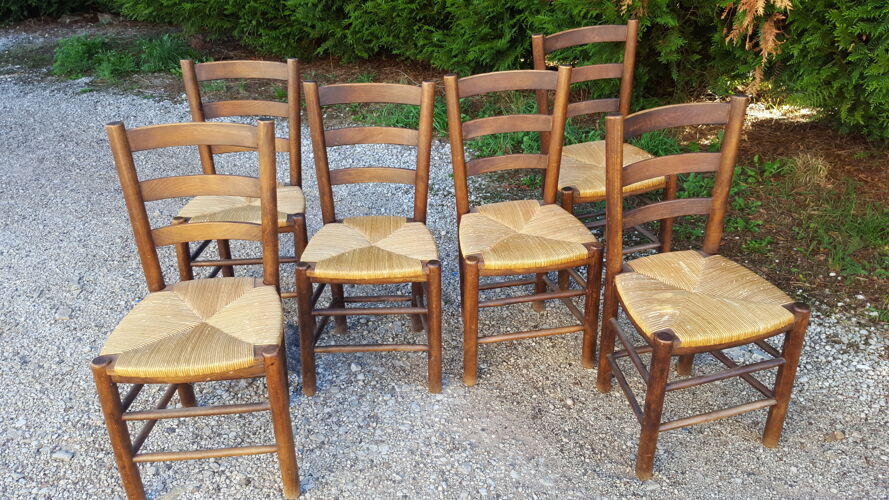 Ensemble de 6 chaises paillées vintage 70