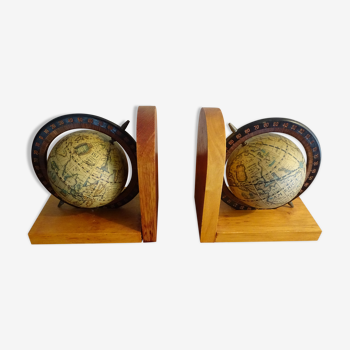 Paire serre livre globe terrestre mappemonde vintage en bois