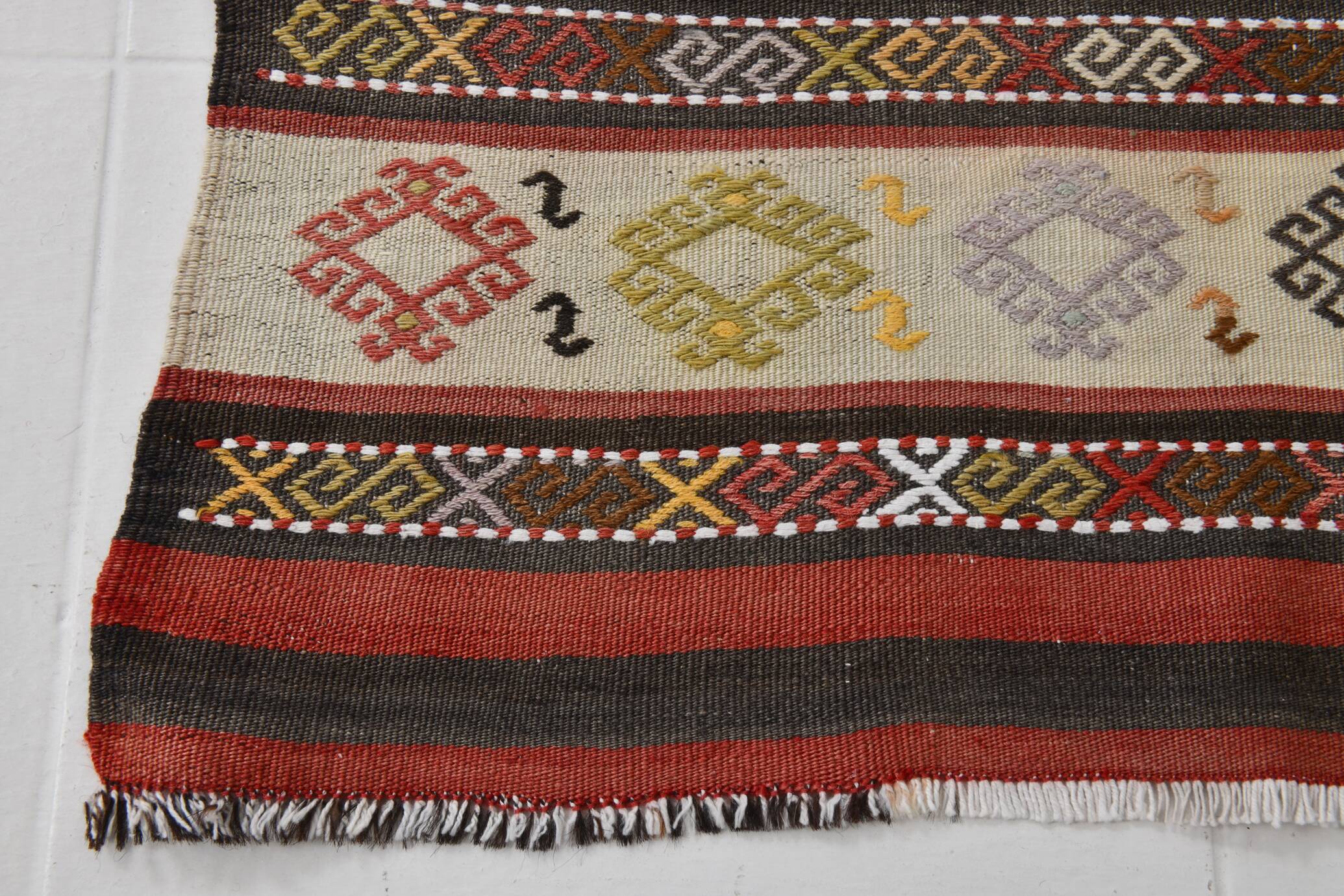 2x10 Kilim Red & Beige Hallway Kilim Runner, 69x316 Cm