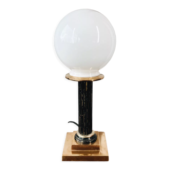 Opaline globe lamp, black metal and brass foot
