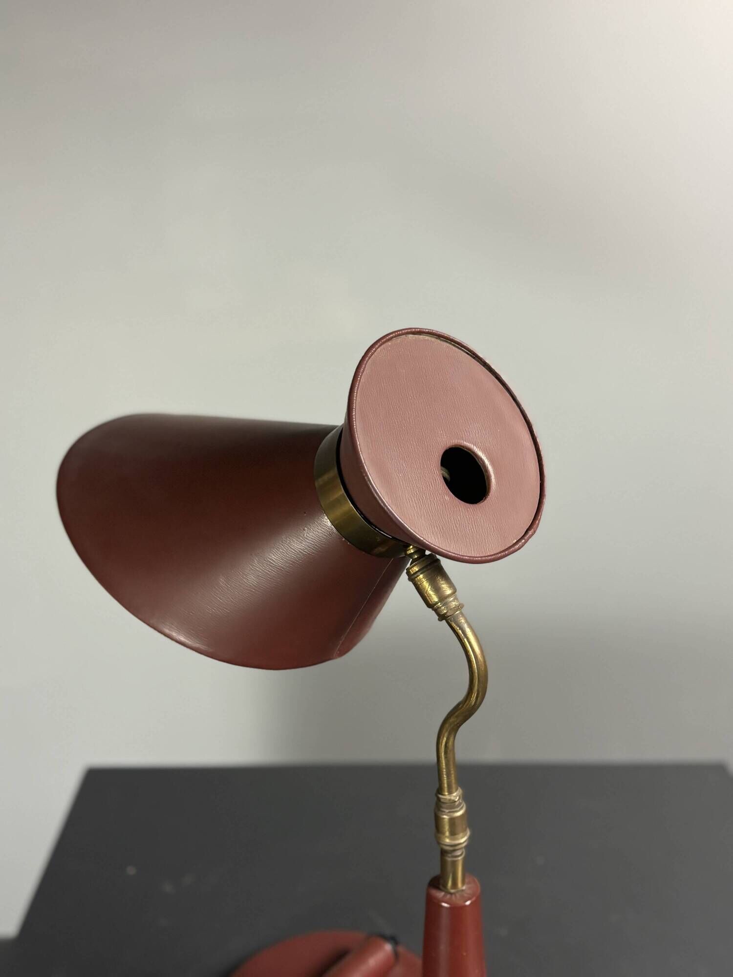 Midcentury leather wrapped French desk lamp style of Jacques Adnet, 1950s