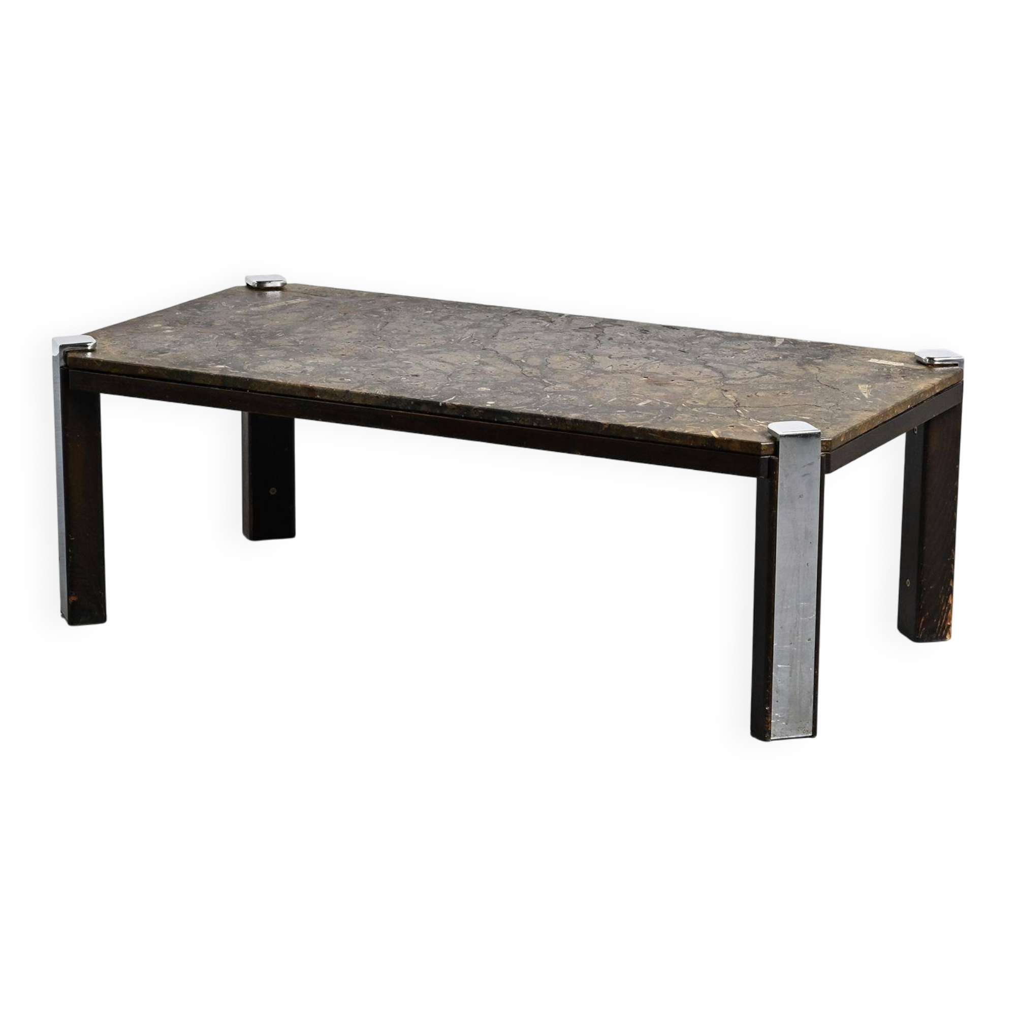 Fossil stone and chrome metal coffee table, Fossile Collection, Switzerland, circa 1980.