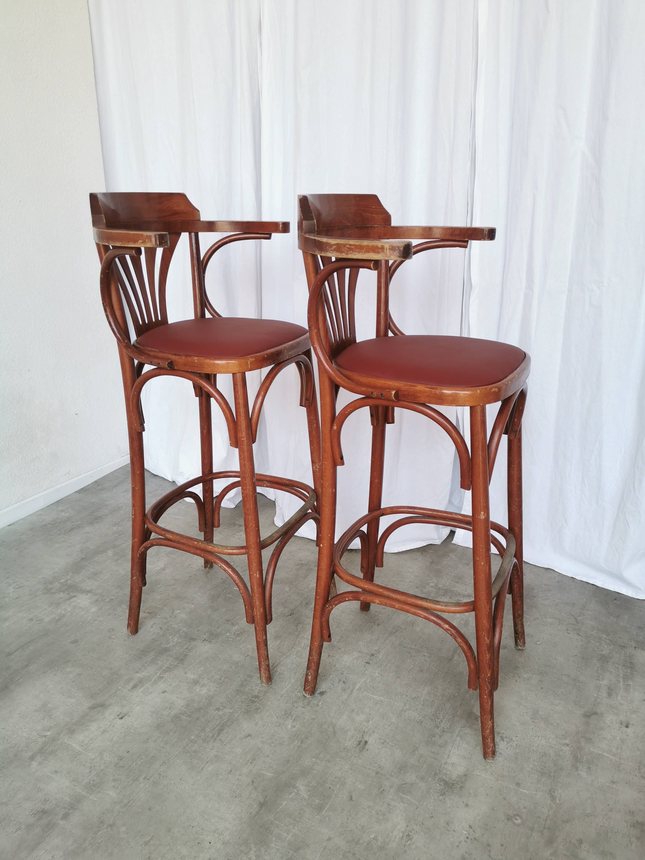 Set of 2 Vintage Bar Chairs: Red Leather Seat, High Pub Stools