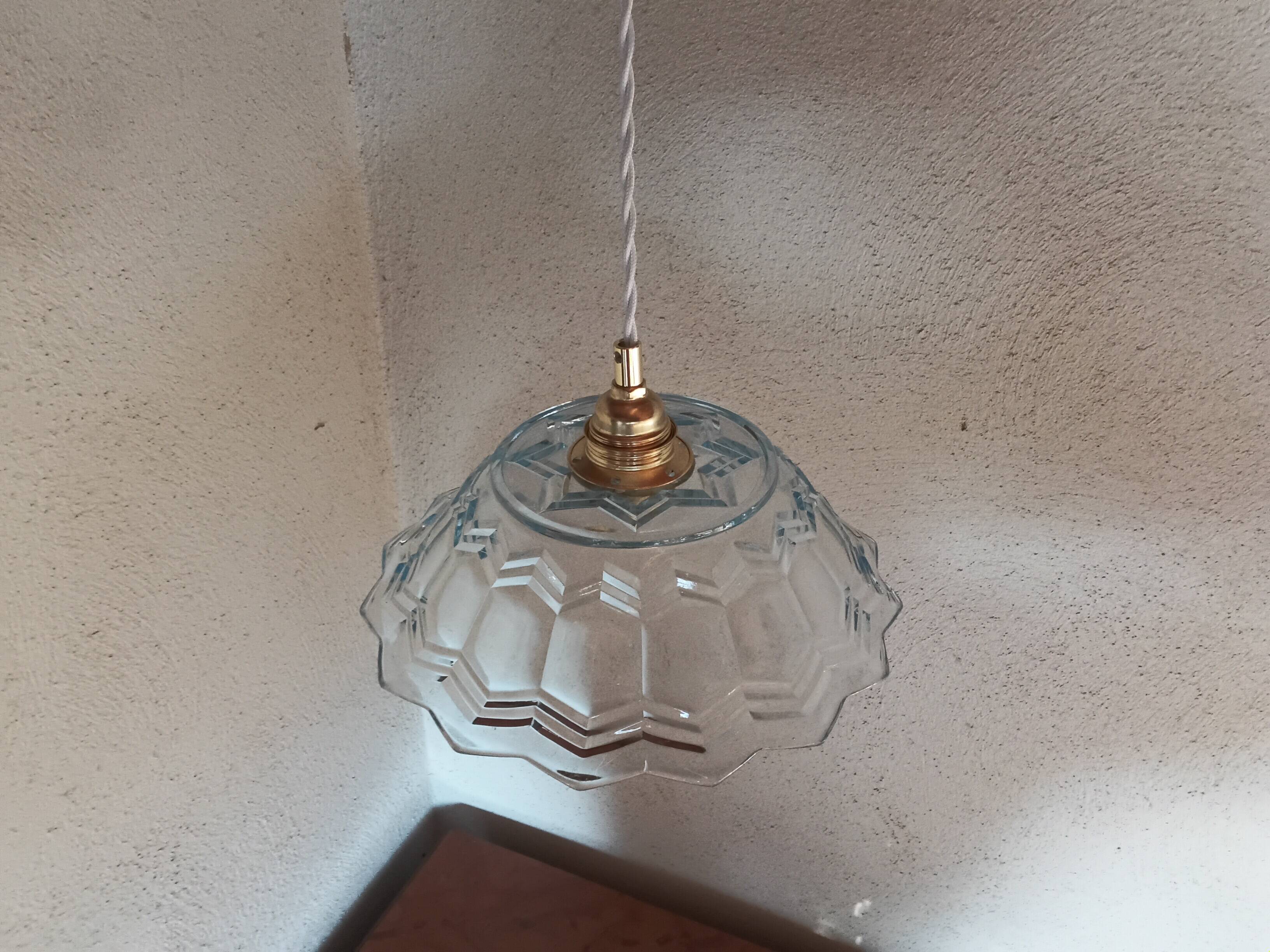 Vintage pendant light in blue chiseled glass