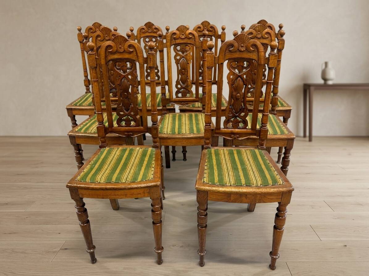 Set of 9 Renaissance Revival dining chairs, carved wood, Czechoslovakia, early 20th century