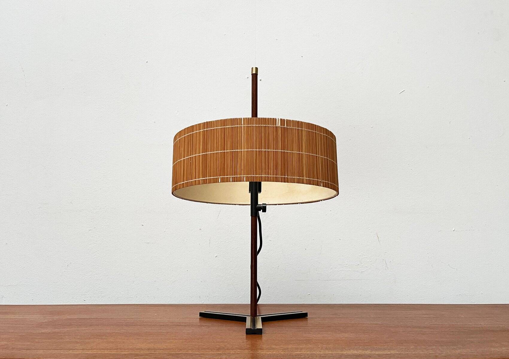 Minimalist tripod table lamp in teak, mid-century German style by Kaiser Leuchten, 1960s.