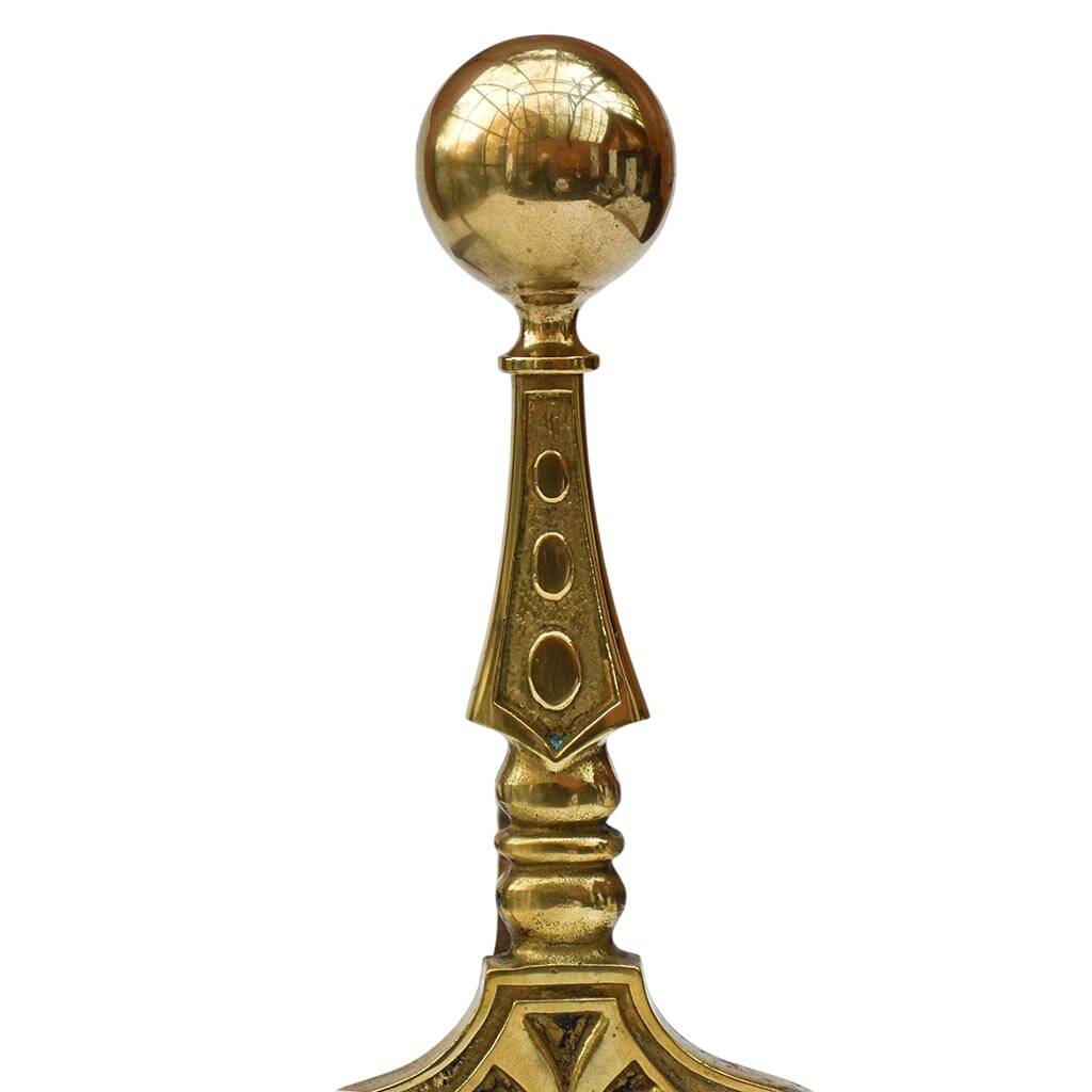 Gilded bronze andirons with rounded ball and patterns, antique fireplace accessory